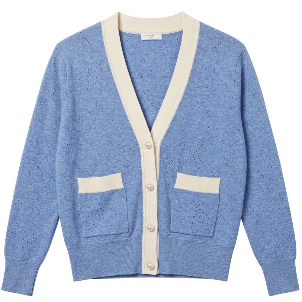 Sandro Lucas Cardigan Size 1 Small White Blue Wool Cashmere Pearl Button Twee